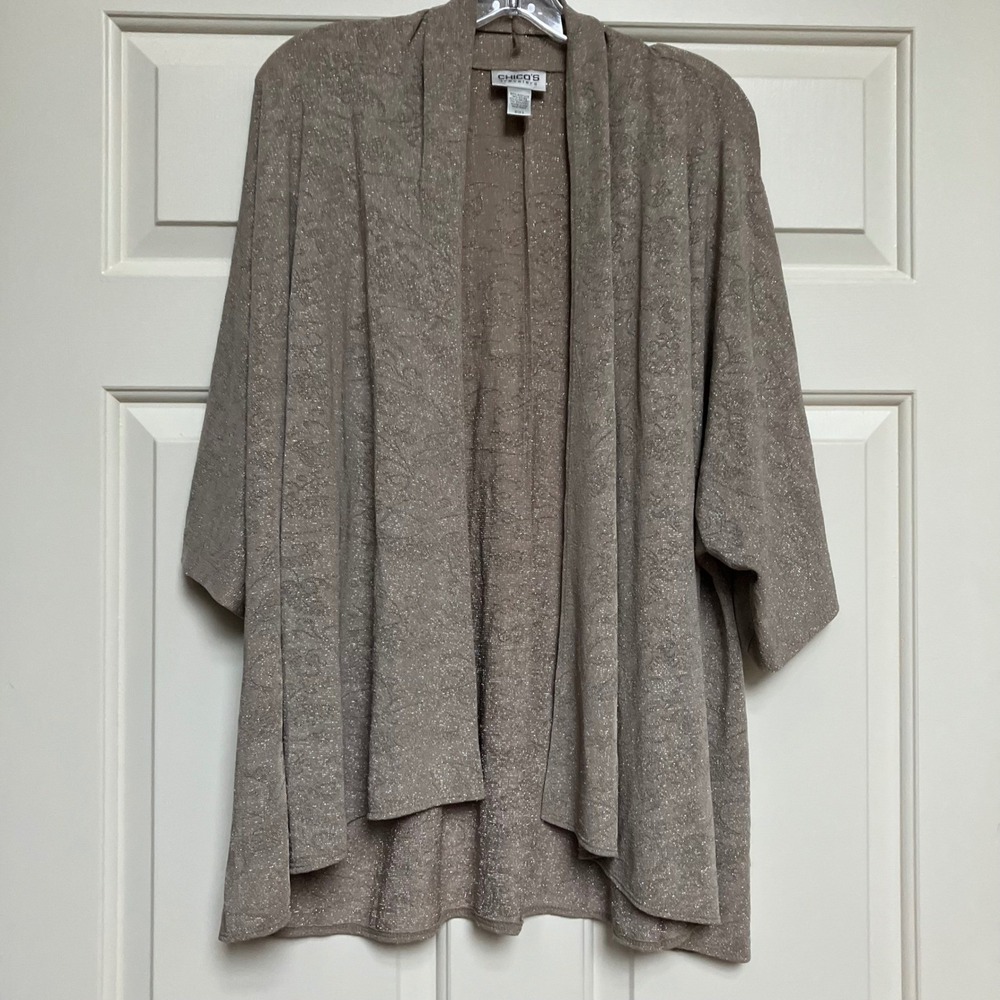 Chico's Travelers Open Front Cardigan Duster Sparkle Knit Neutral Size 3‎ XL